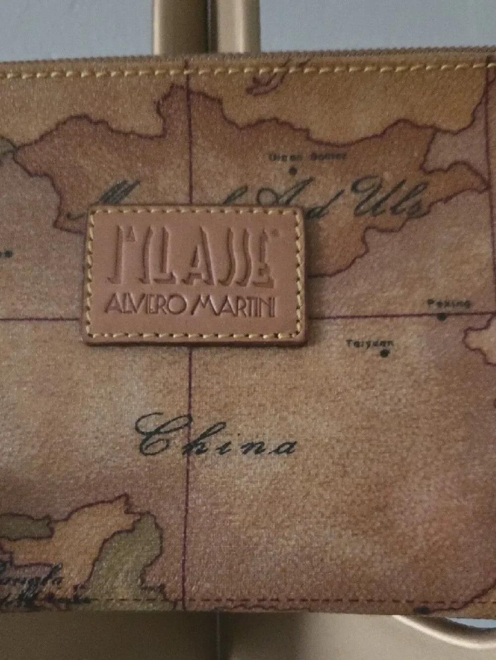 Alviero Martini Map-Print Zip Pouch in Tan and Brown